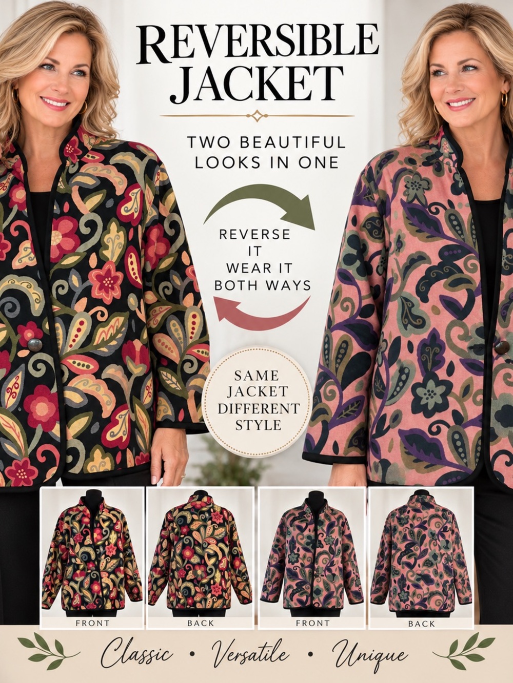 Reversible Tapestry Jacket OS  Button Floral Red, Green, Black/Purple Green